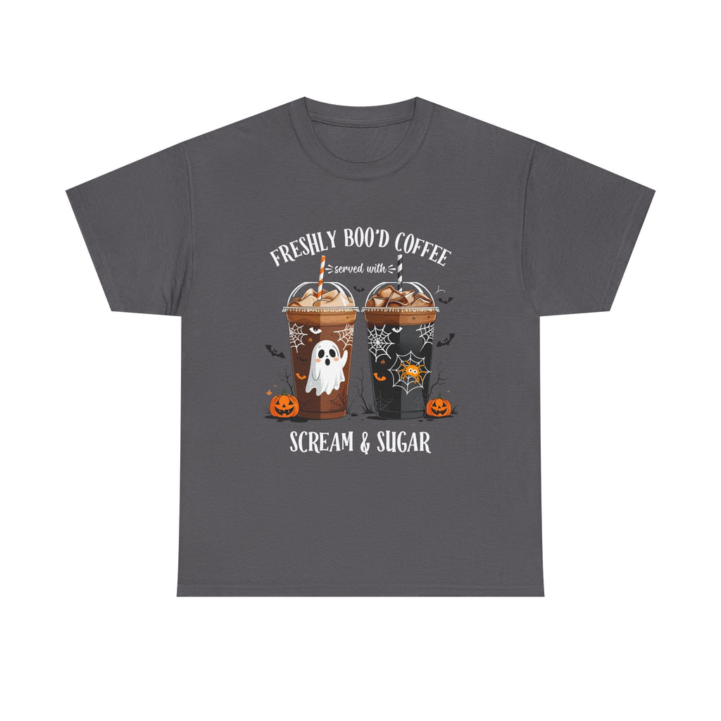 Halloween Coffee T‑Shirt - "Freshly Boo’d Coffee: Scream & Sugar" Funny Spooky Pumpkin Ghost Tee