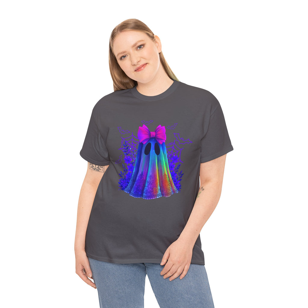 Neon Rainbow Ghost T-Shirt — Cute Halloween Spirit Tee with Pink Bow