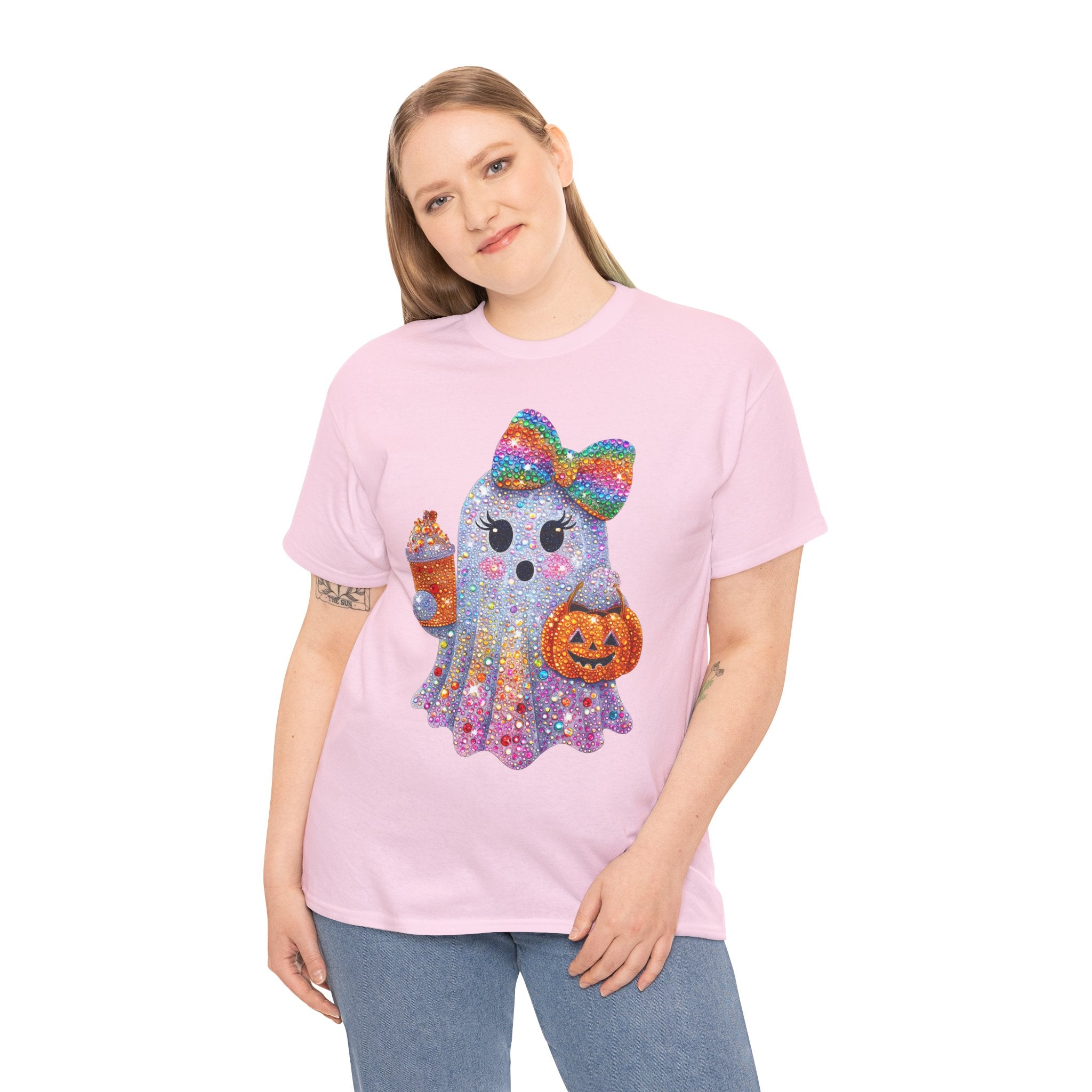 Cute Glitter Ghost T-Shirt — Rainbow Bow Halloween Tee with Pumpkin & Candy Cup