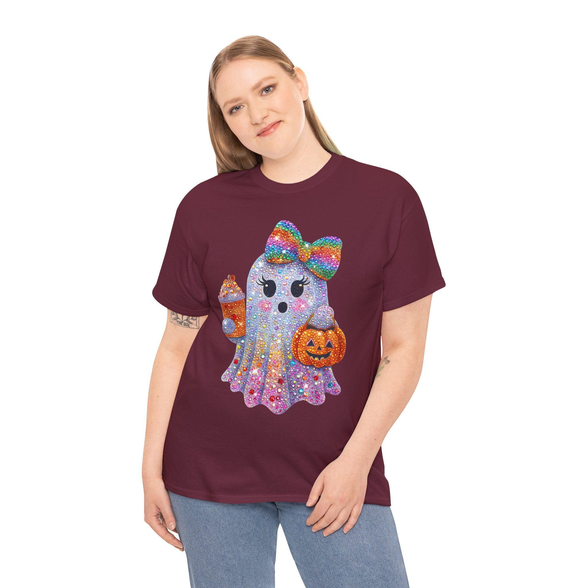 Cute Glitter Ghost T-Shirt — Rainbow Bow Halloween Tee with Pumpkin & Candy Cup