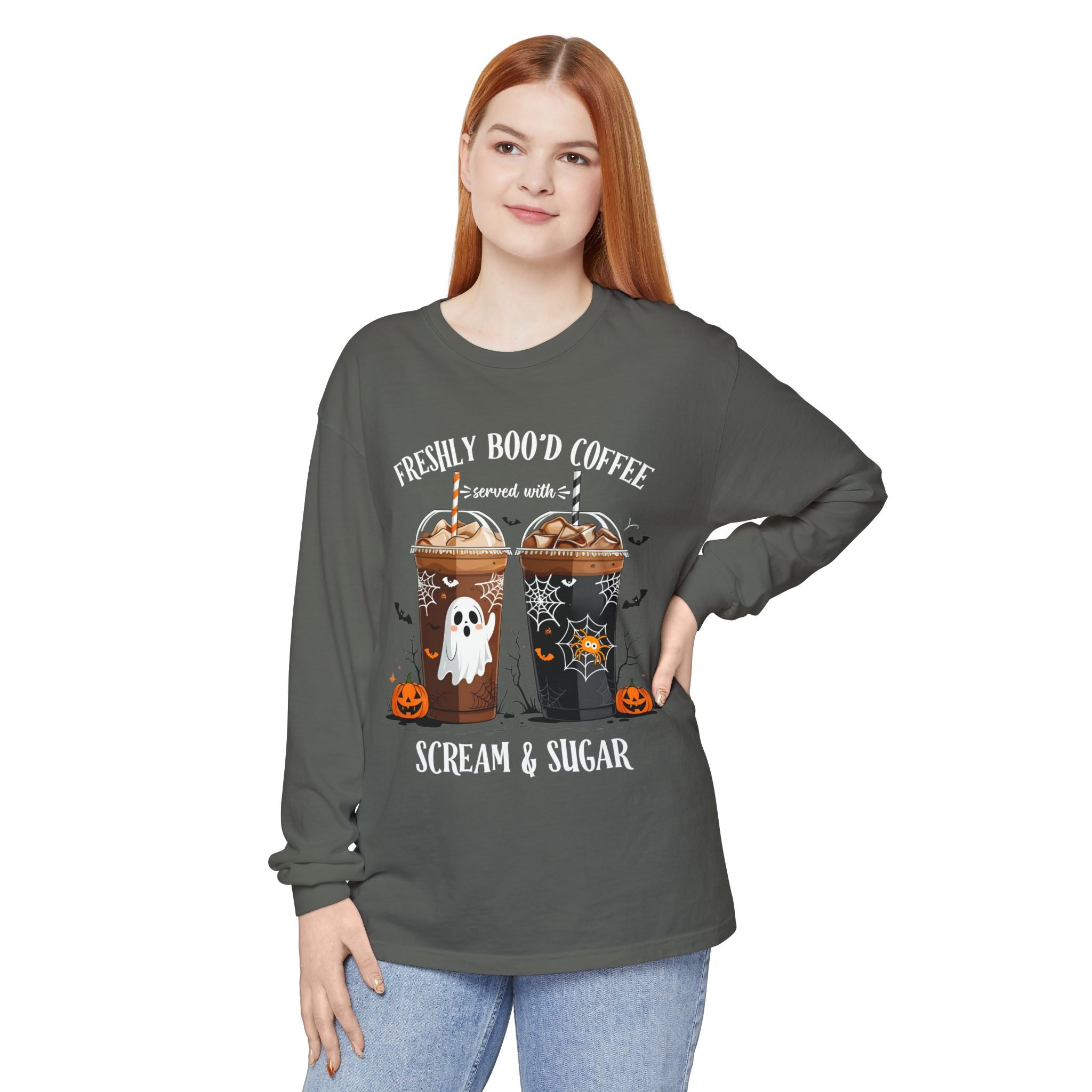 Halloween Coffee Long Sleeve Tee — "Freshly Boo'd Coffee, Scream & Sugar"
