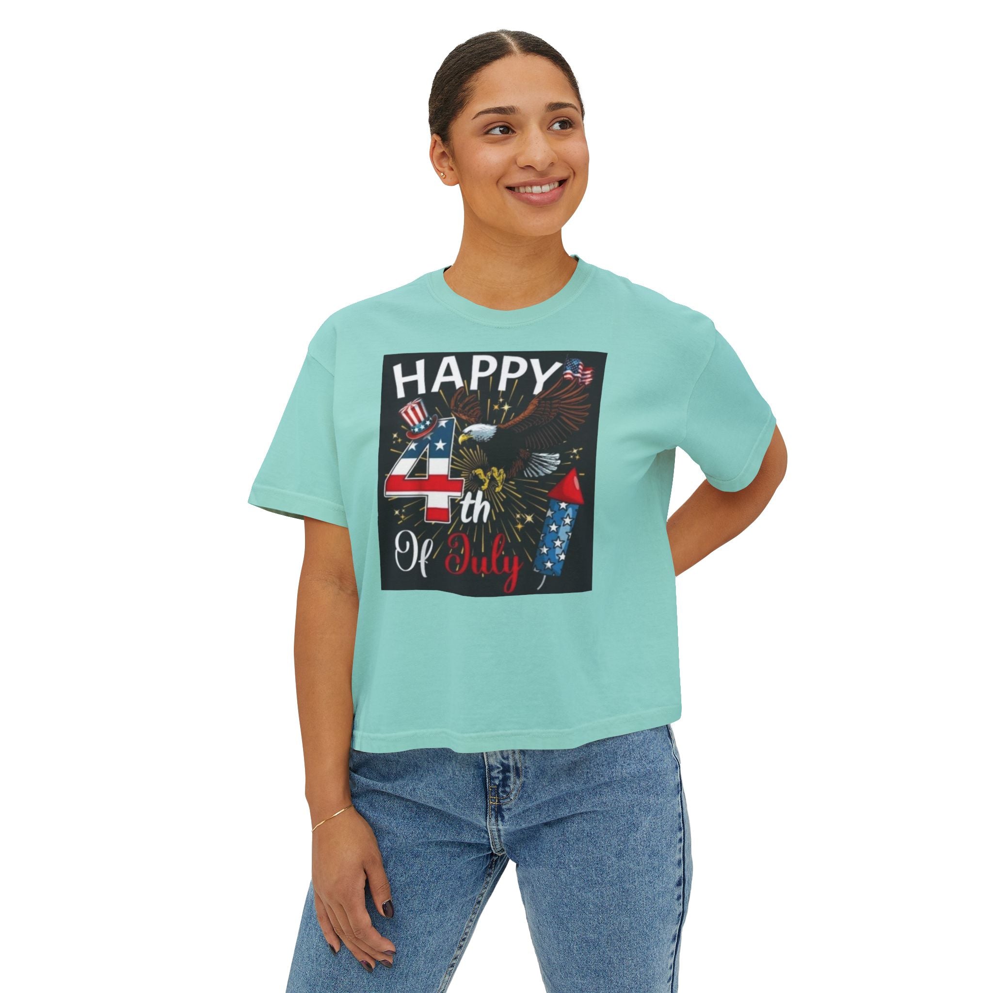 Happy 4th of July Women's Boxy Tee – Patriotic Eagle & Fireworks Top