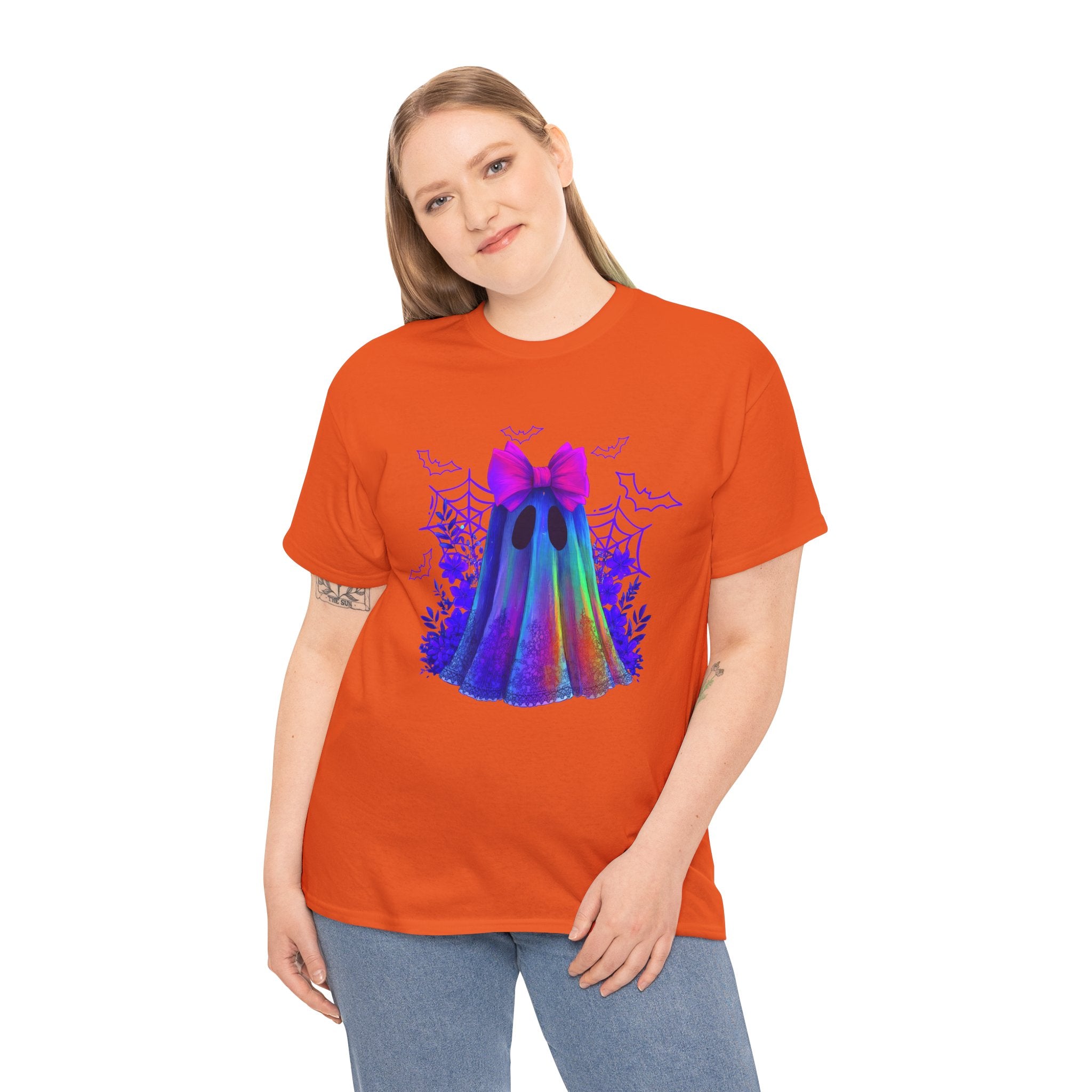 Neon Rainbow Ghost T-Shirt — Cute Halloween Spirit Tee with Pink Bow