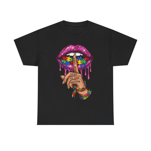 Autism Awareness Shh Lip Tee — Puzzle Heart Finger "You Know Unspoken" Graphic Shirt