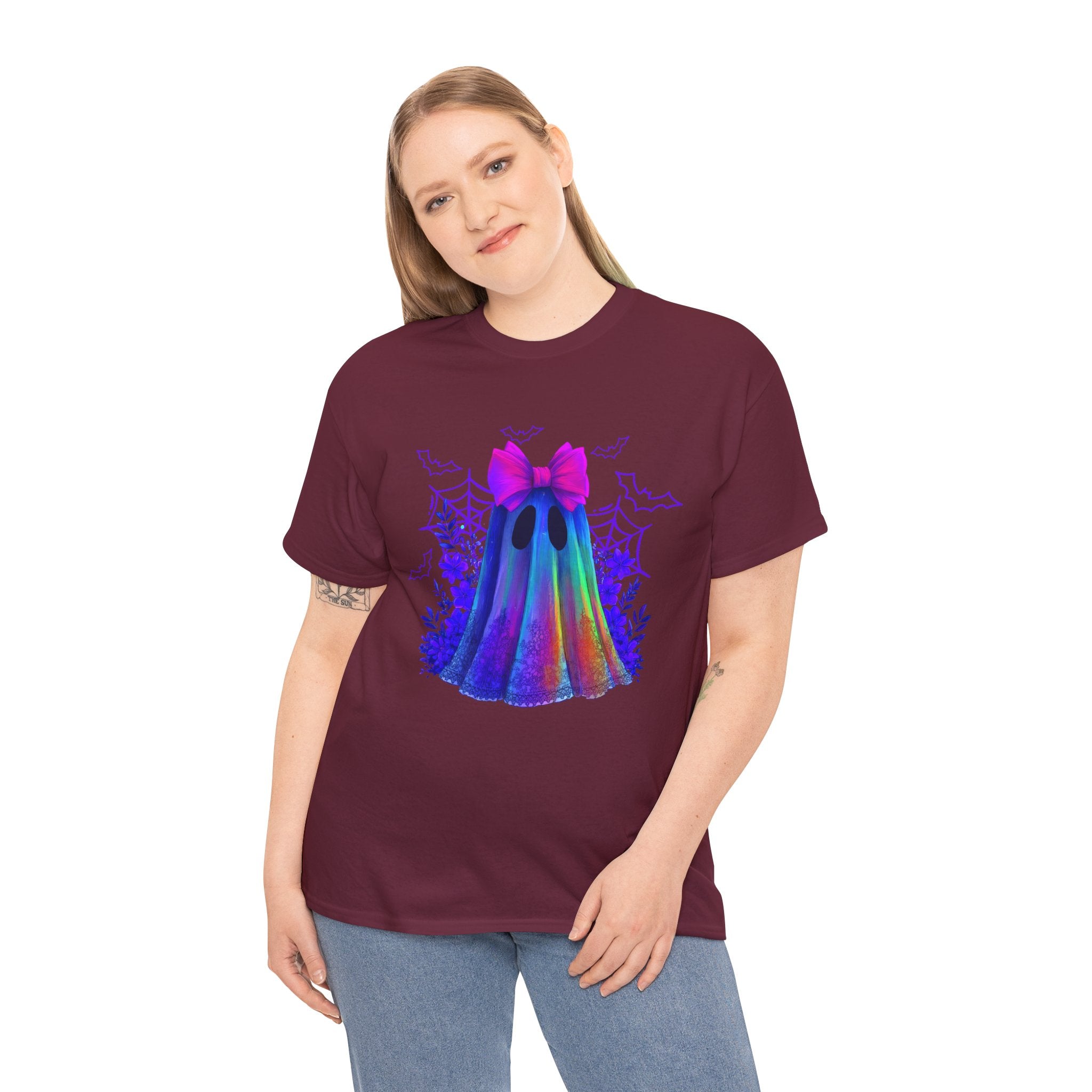 Neon Rainbow Ghost T-Shirt — Cute Halloween Spirit Tee with Pink Bow