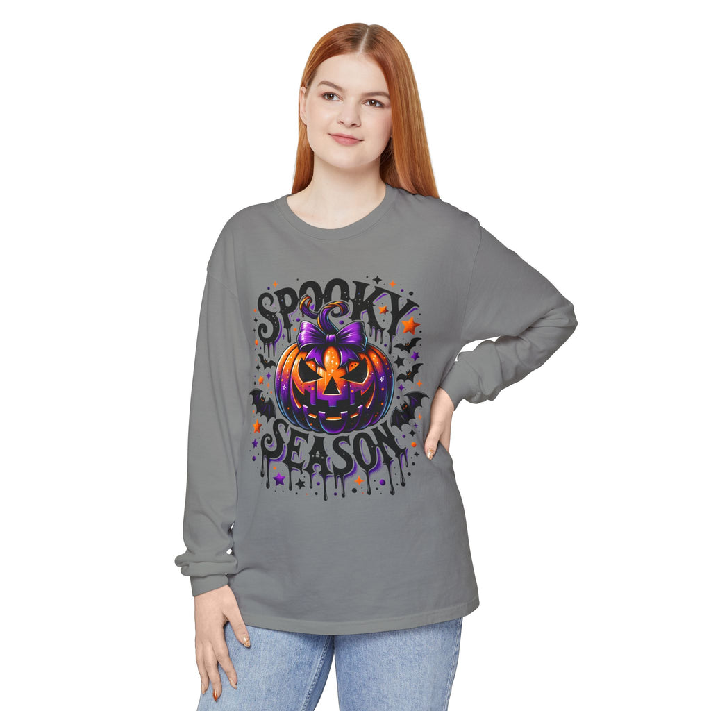 Spooky Season Long Sleeve Tee — Purple Pumpkin Halloween Design