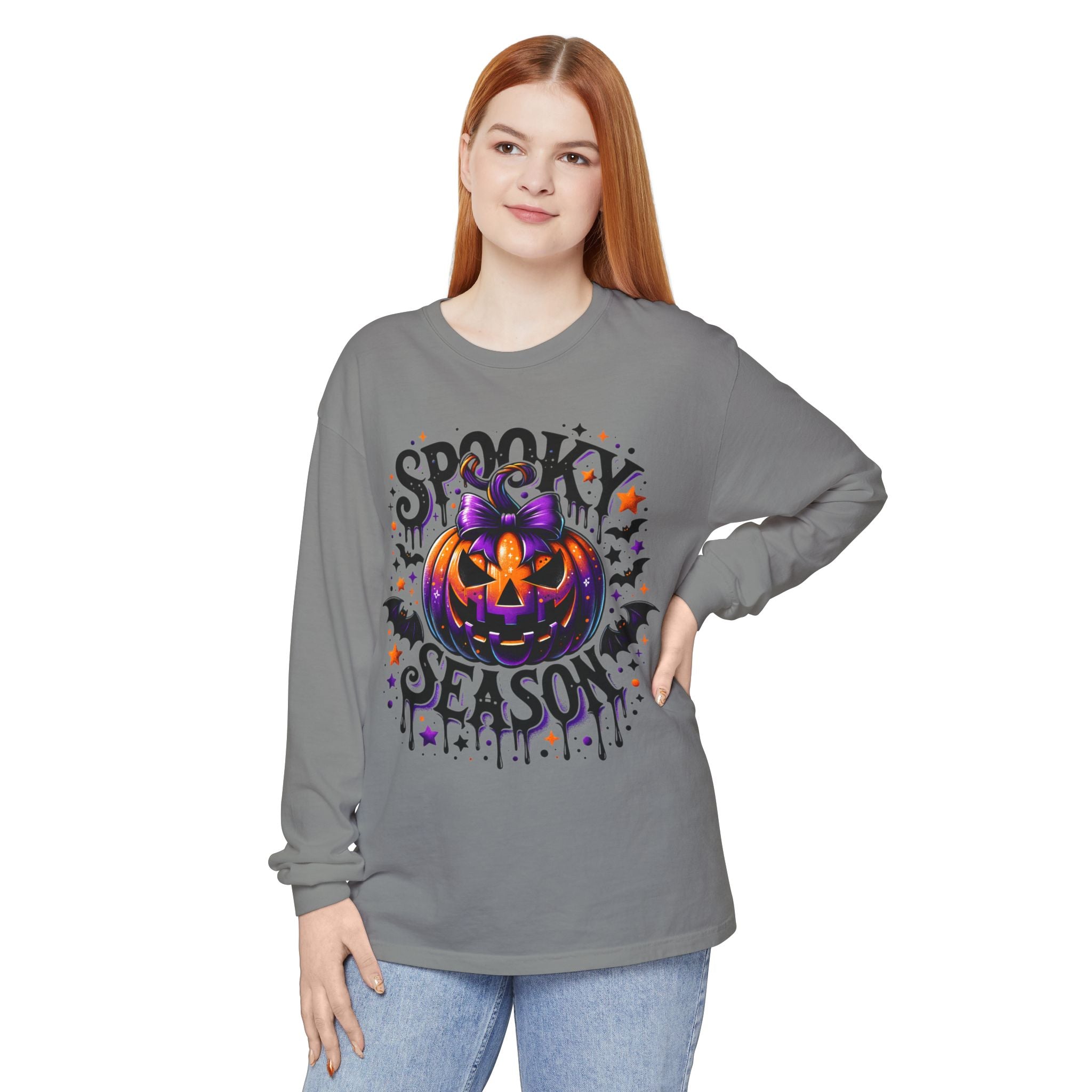 Spooky Season Long Sleeve Tee — Purple Pumpkin Halloween Design