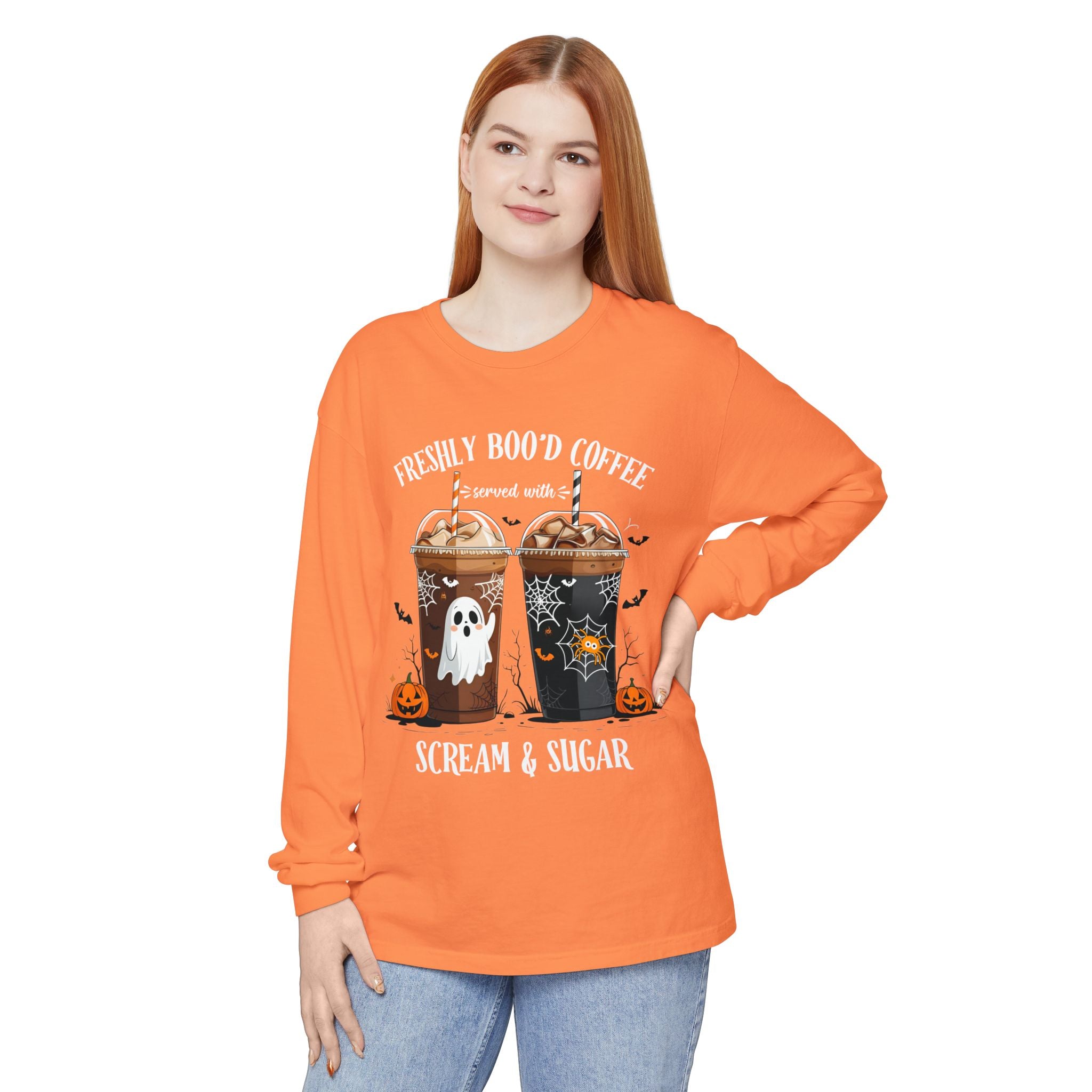 Halloween Coffee Long Sleeve Tee — "Freshly Boo'd Coffee, Scream & Sugar"