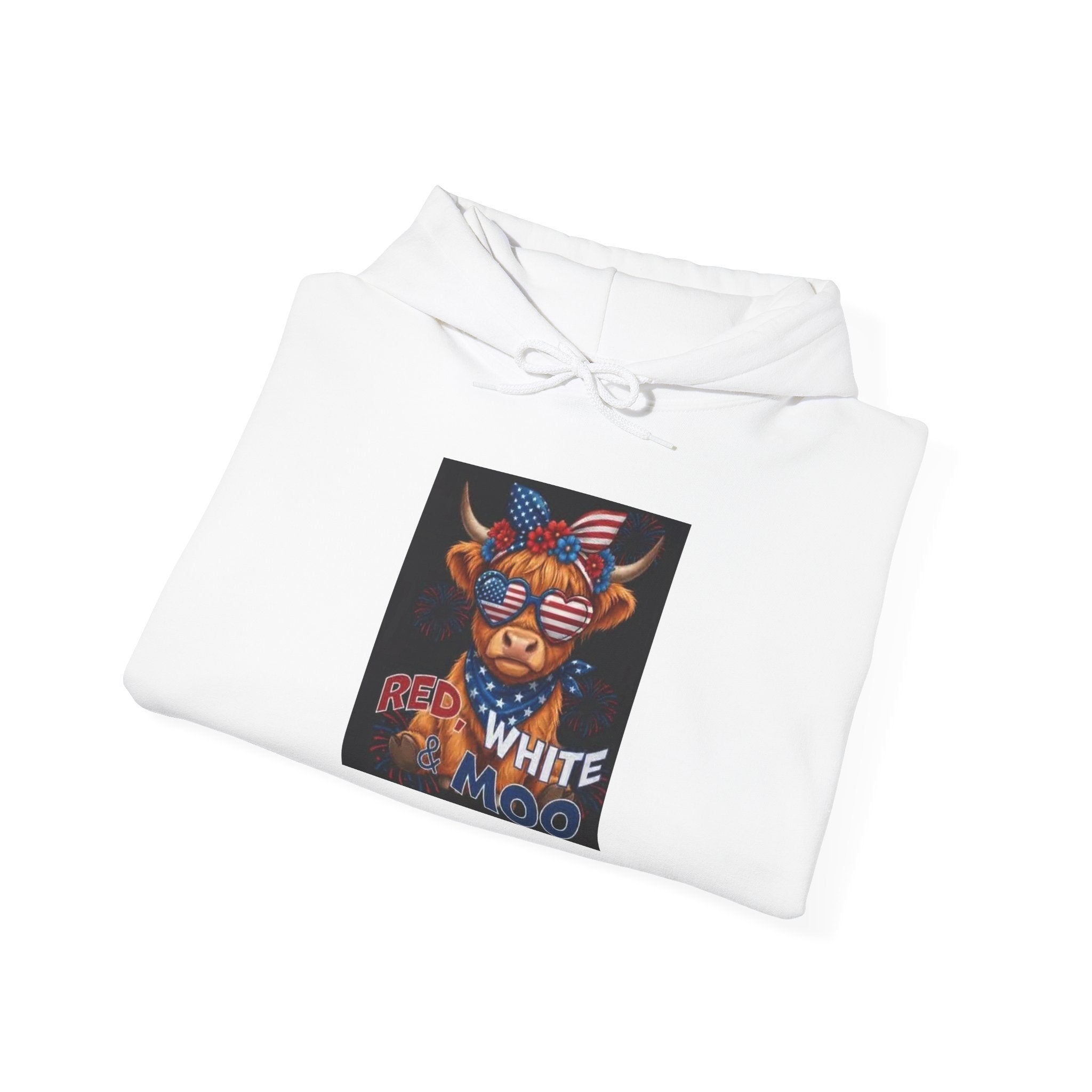 Patriotic Cow Graphic Hoodie — "Red White Moo" Americana Farmwear