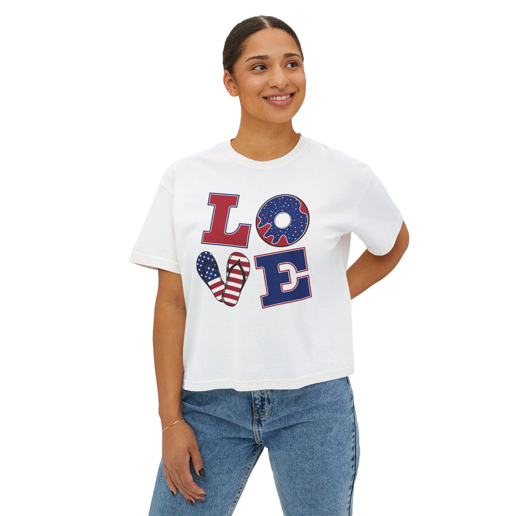 Patriotic LOVE Boxy Tee — Women's 4th of July American Flag Graphic Shirt