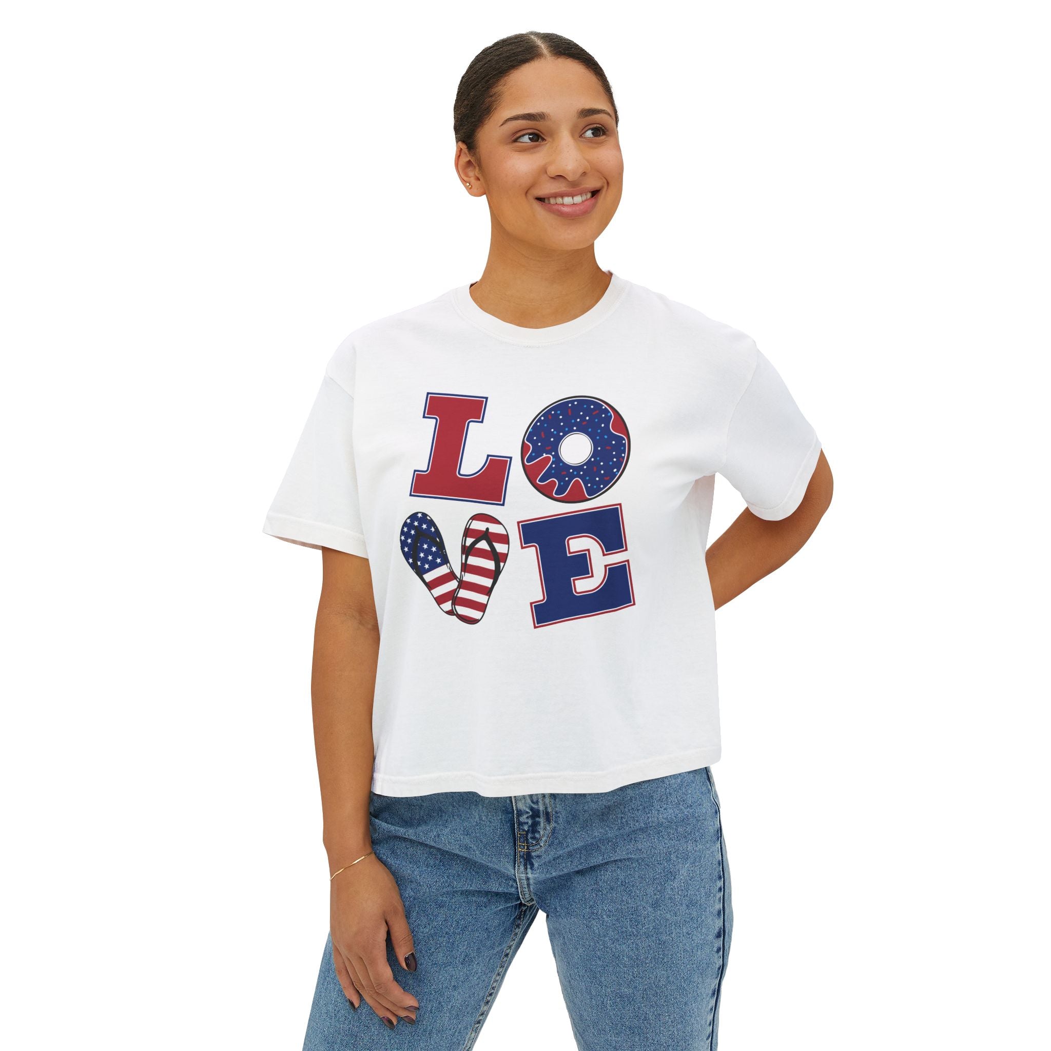 Patriotic LOVE Boxy Tee — Women's 4th of July American Flag Graphic Shirt
