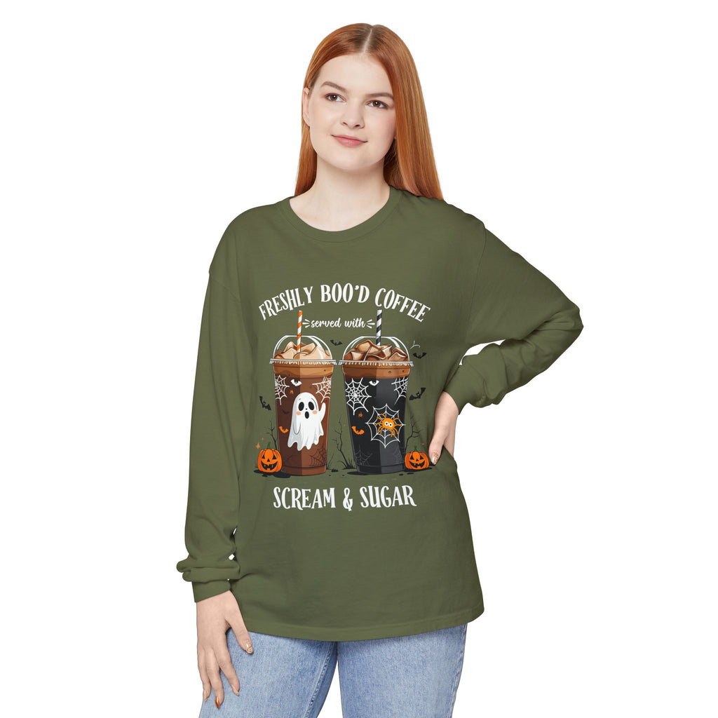 Halloween Coffee Long Sleeve Tee — "Freshly Boo'd Coffee, Scream & Sugar"