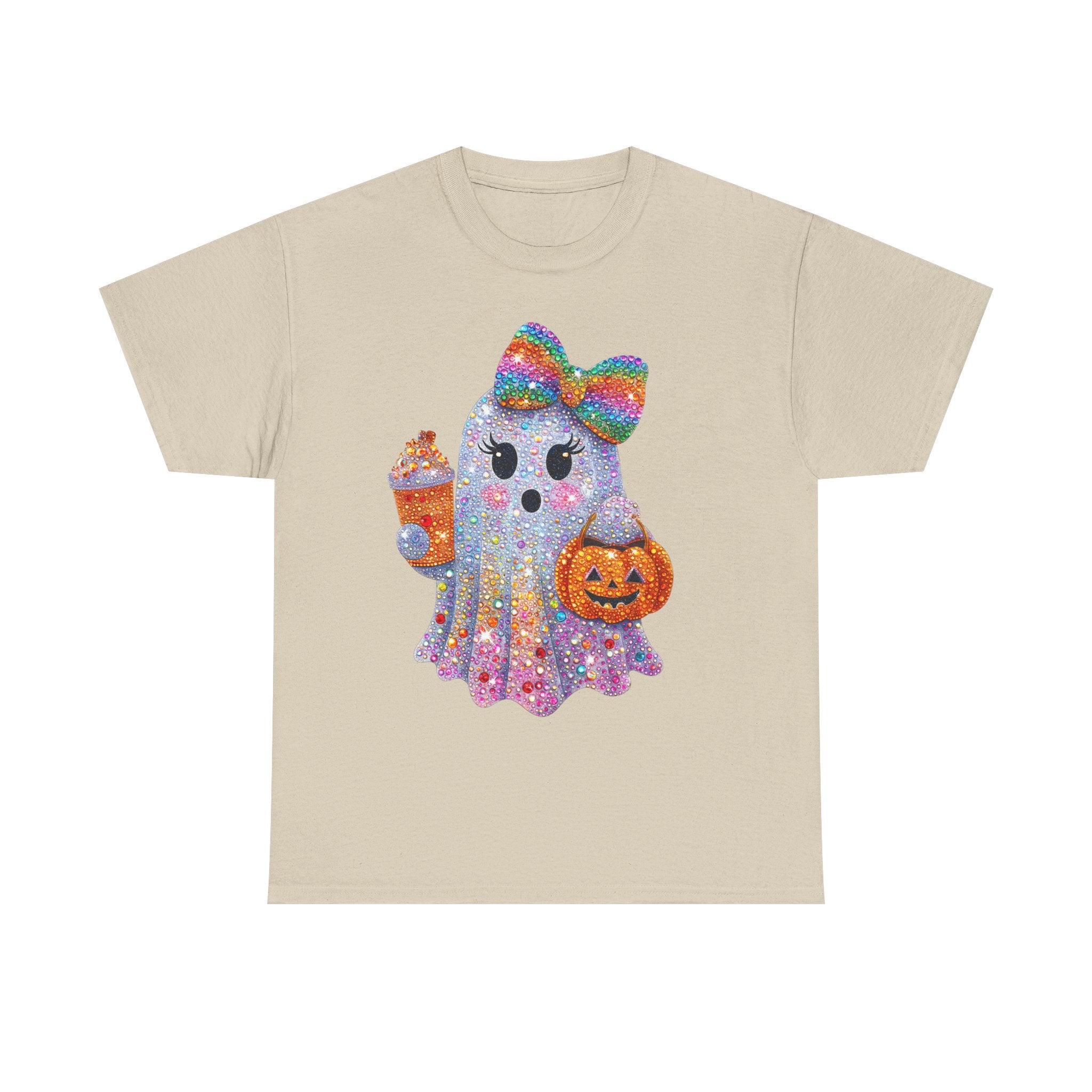 Cute Glitter Ghost T-Shirt — Rainbow Bow Halloween Tee with Pumpkin & Candy Cup