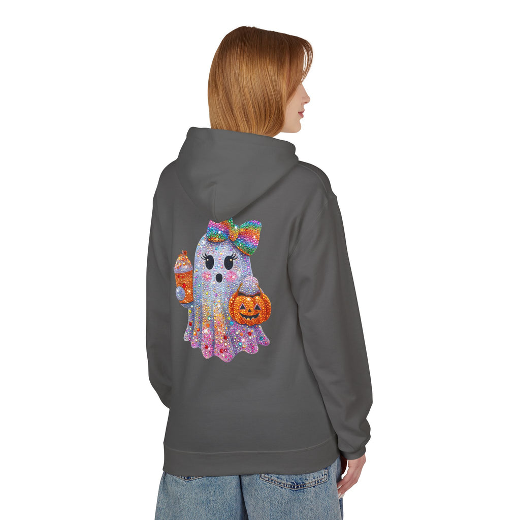 Cute Halloween Ghost Hoodie — Glitter Ghost Holding Pumpkin & Coffee Graphic