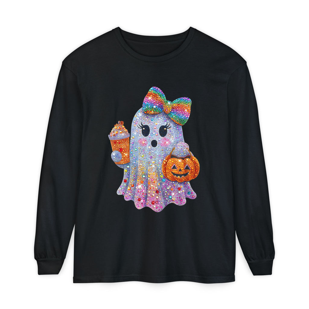 Sparkle Ghost Long Sleeve Tee — Cute Halloween Pumpkin & Candy Design