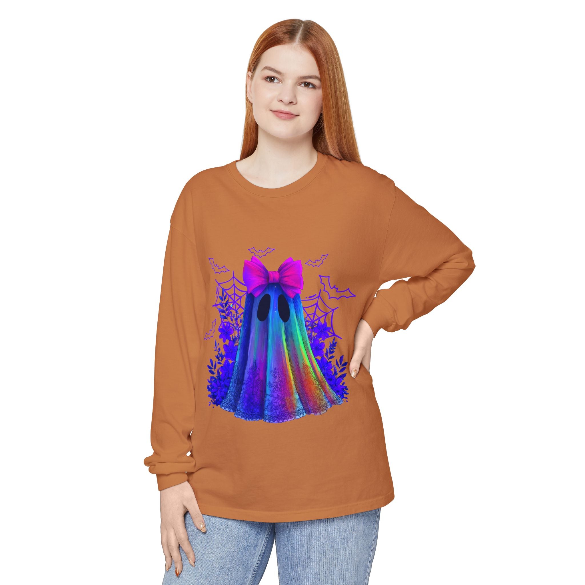 Halloween Ghost Long Sleeve Tee — Holographic Bow Ghost Graphic