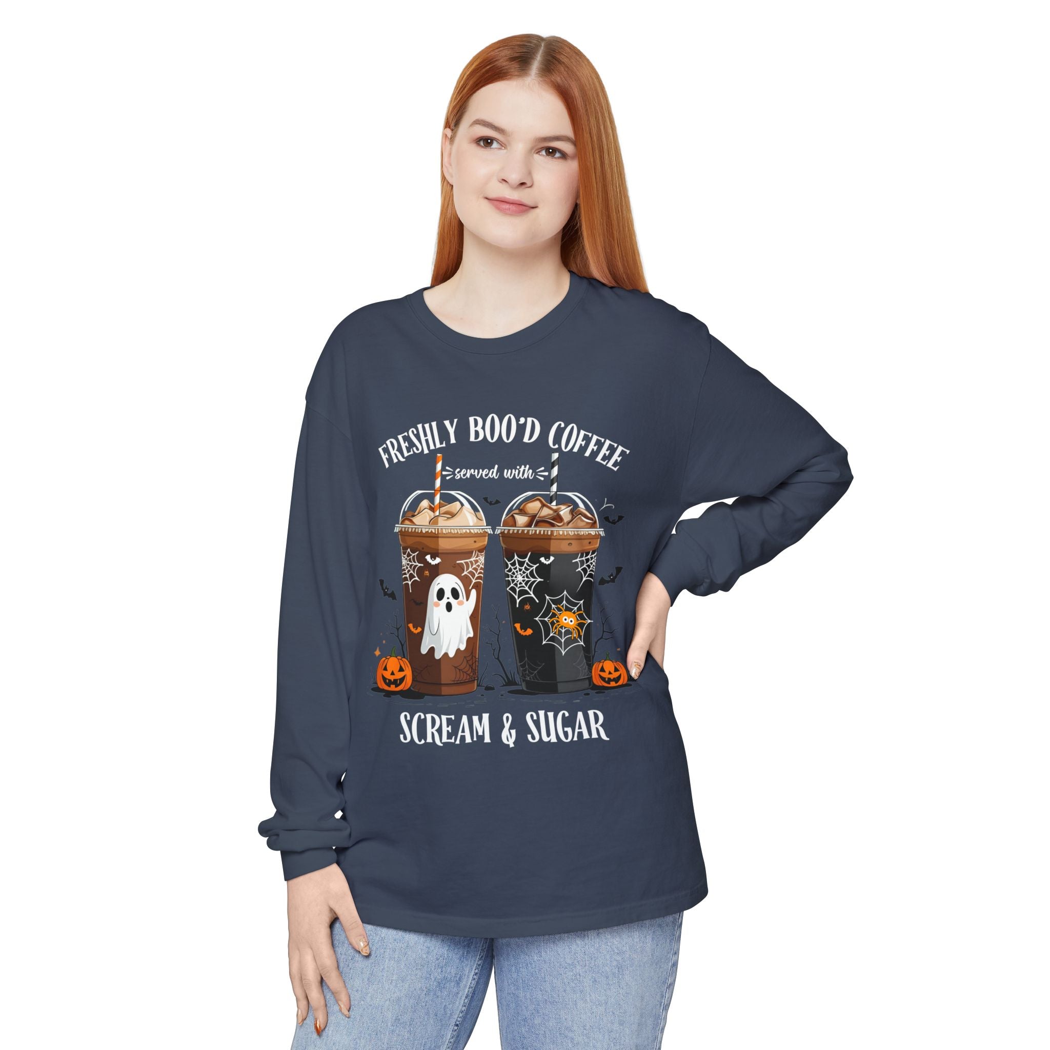 Halloween Coffee Long Sleeve Tee — "Freshly Boo'd Coffee, Scream & Sugar"