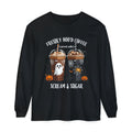 Halloween Coffee Long Sleeve Tee — "Freshly Boo'd Coffee, Scream & Sugar"
