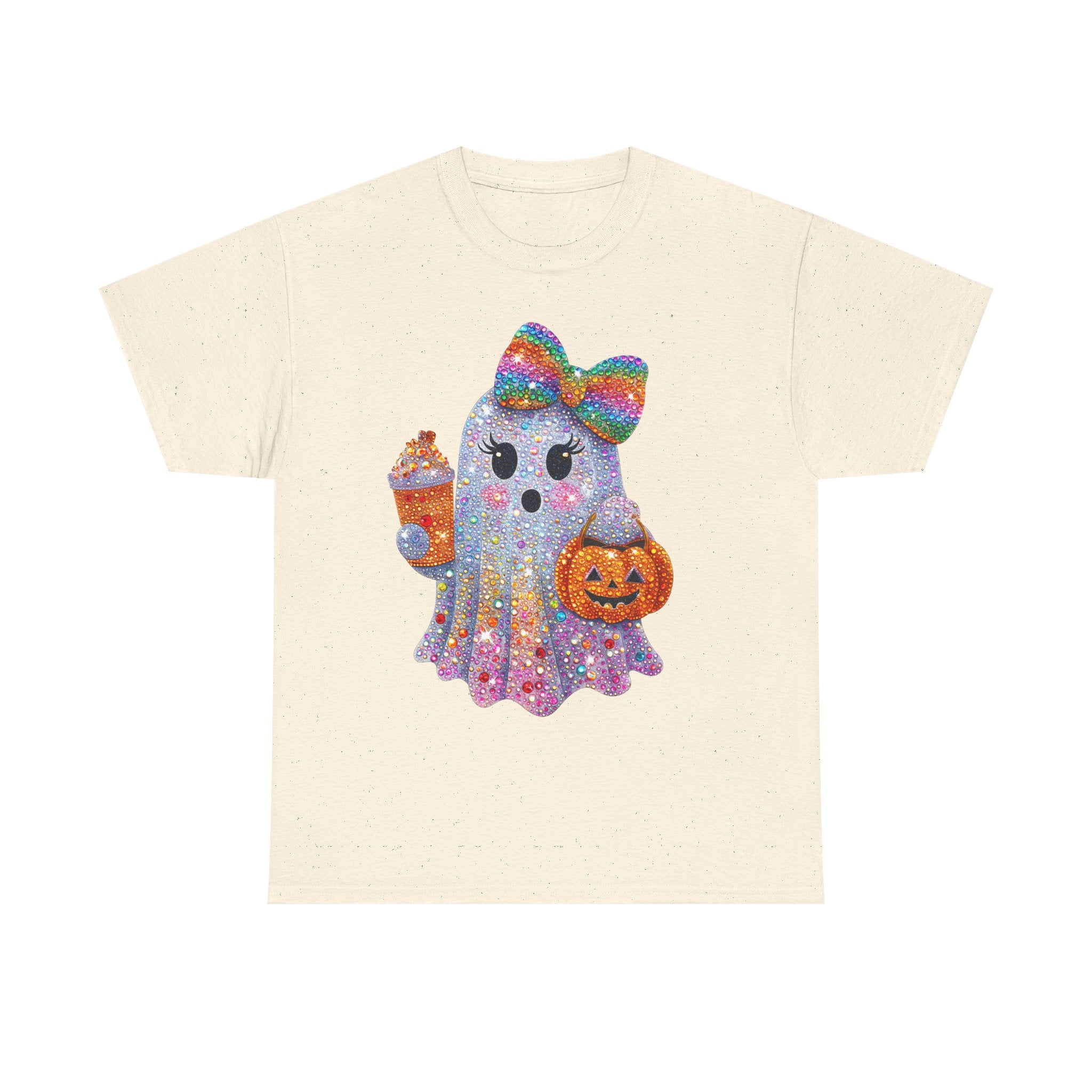 Cute Glitter Ghost T-Shirt — Rainbow Bow Halloween Tee with Pumpkin & Candy Cup
