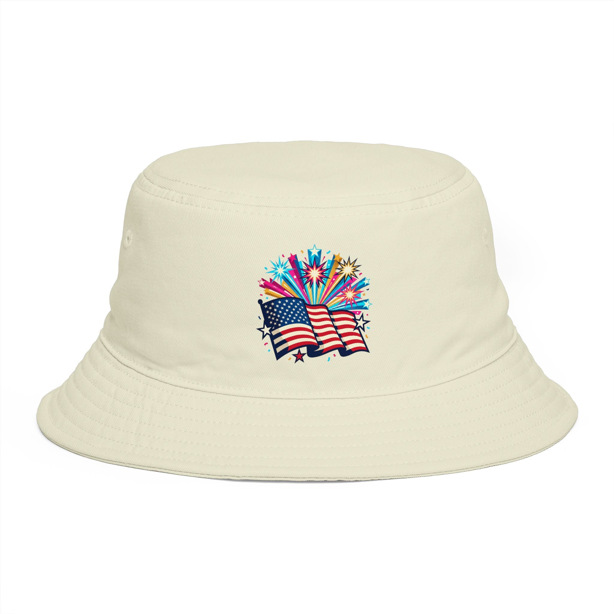 Patriotic Fireworks American Flag Bucket Hat — 4th of July USA Celebration Hat