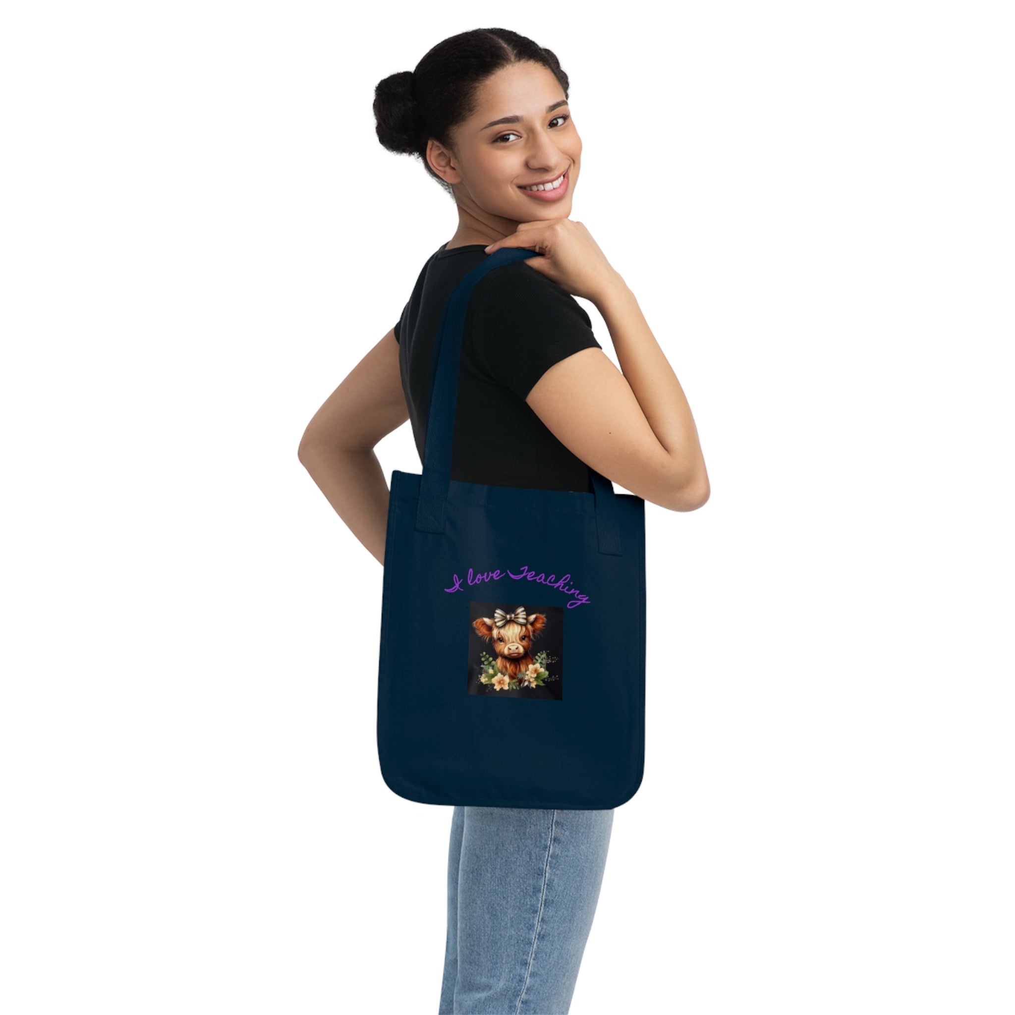 Tote Bag — "I Love Teaching" Cute Cow Floral Organic Canvas Tote