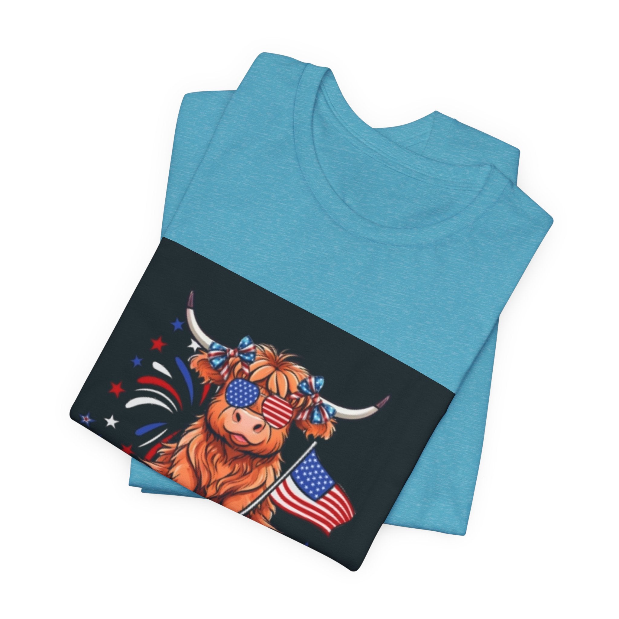 Patriotic Highland Cow Tee — "Merica" American Flag 4th of July Shirt