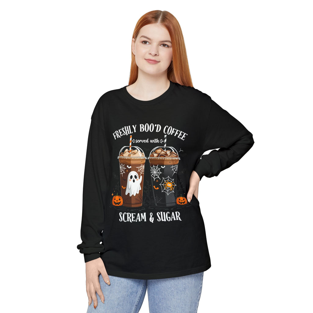Halloween Coffee Long Sleeve Tee — "Freshly Boo'd Coffee, Scream & Sugar"