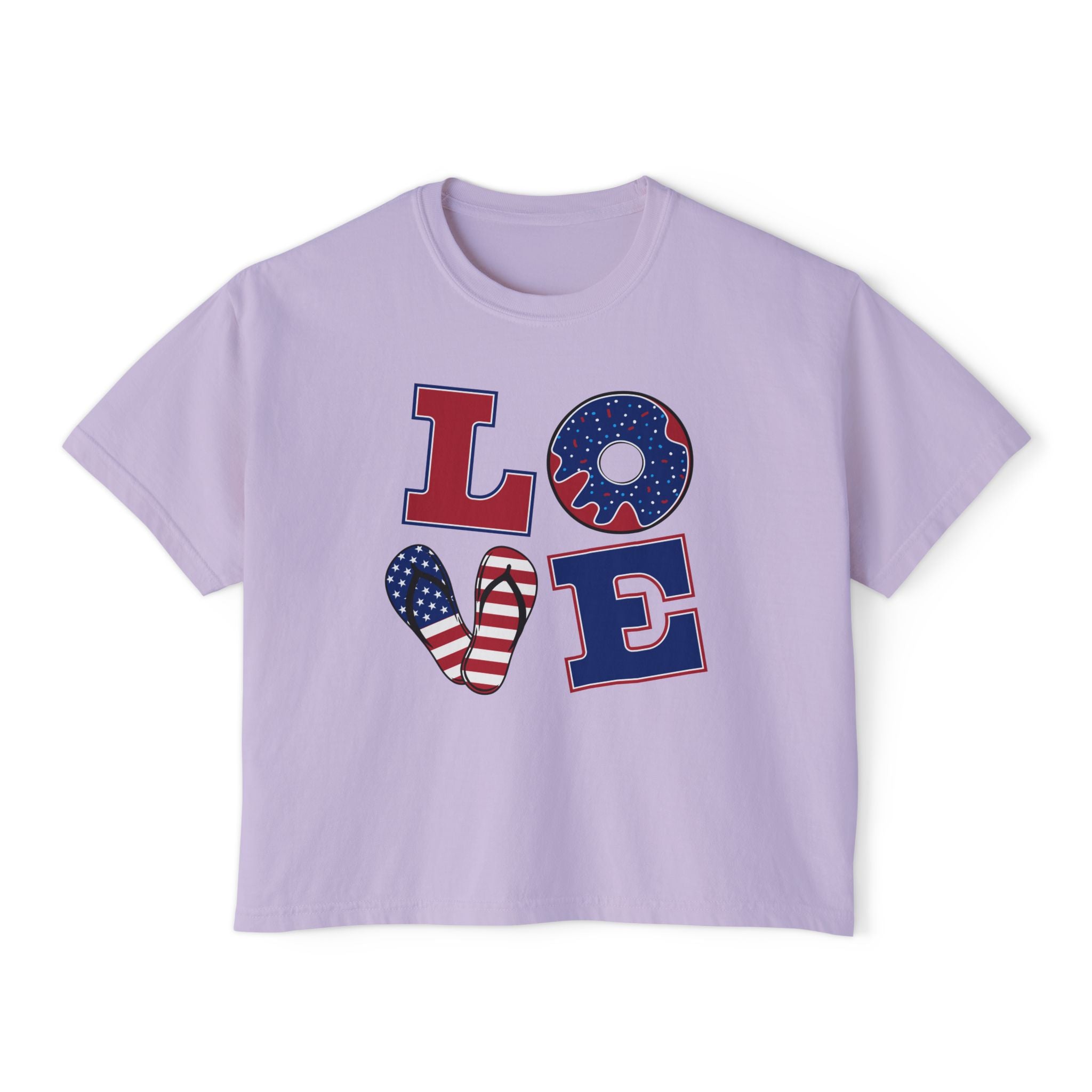 Patriotic LOVE Boxy Tee — Women's 4th of July American Flag Graphic Shirt