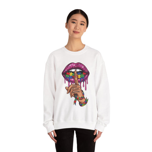 Autism Awareness Crewneck Sweatshirt — Puzzle Heart Lips "Shh" Design