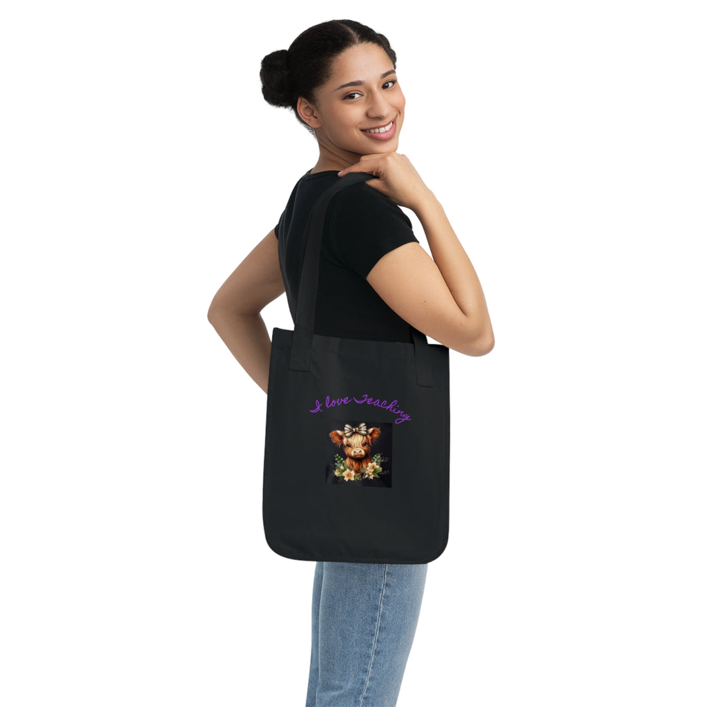 Tote Bag — "I Love Teaching" Cute Cow Floral Organic Canvas Tote