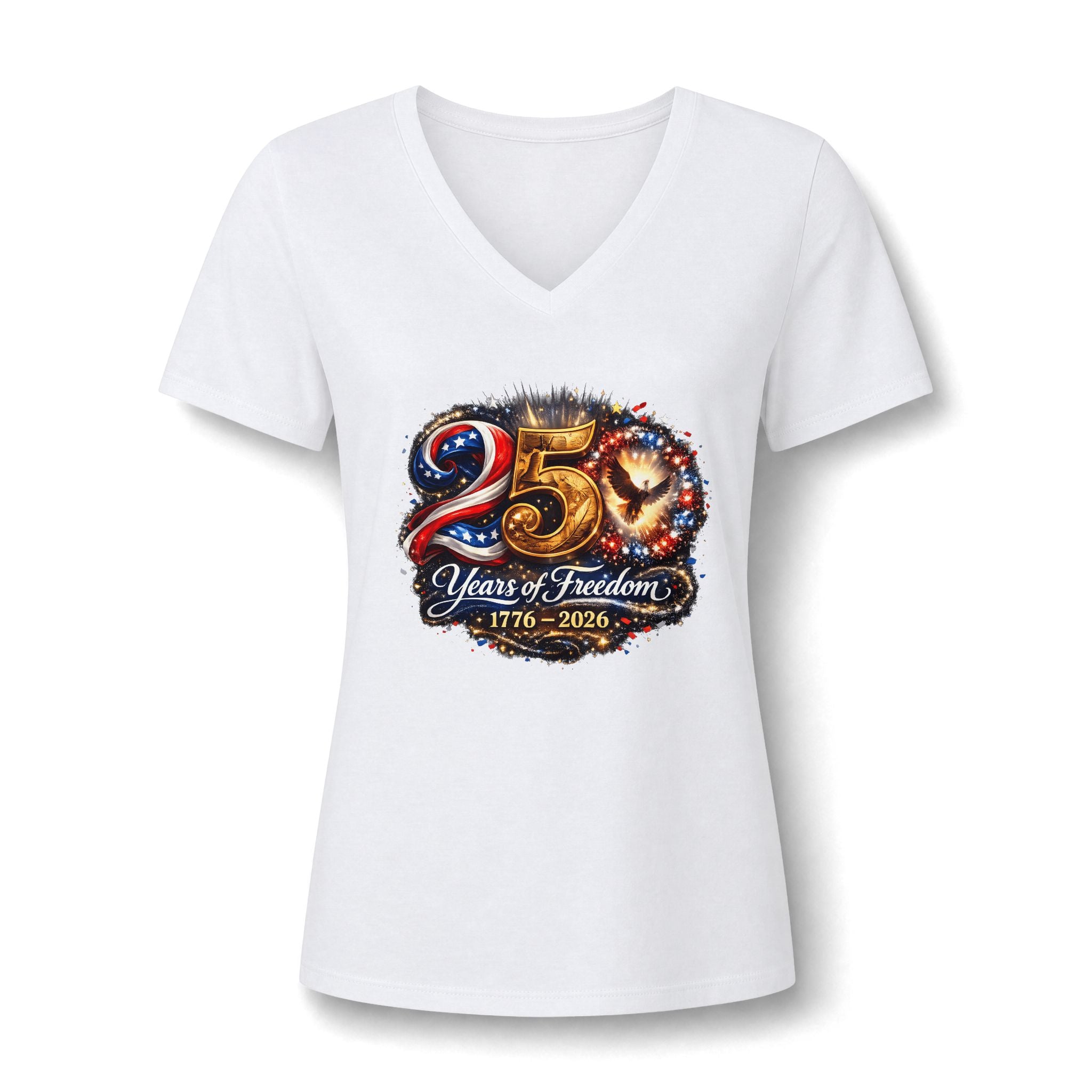 25 Years of Freedom 1776–2026 V-Neck Tee — Patriotic Women's 25th Anniversary Shirt