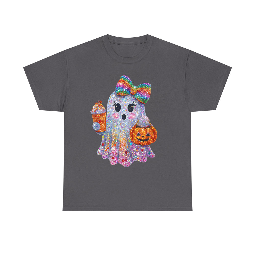 Cute Glitter Ghost T-Shirt — Rainbow Bow Halloween Tee with Pumpkin & Candy Cup