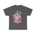 Cute Glitter Ghost T-Shirt — Rainbow Bow Halloween Tee with Pumpkin & Candy Cup