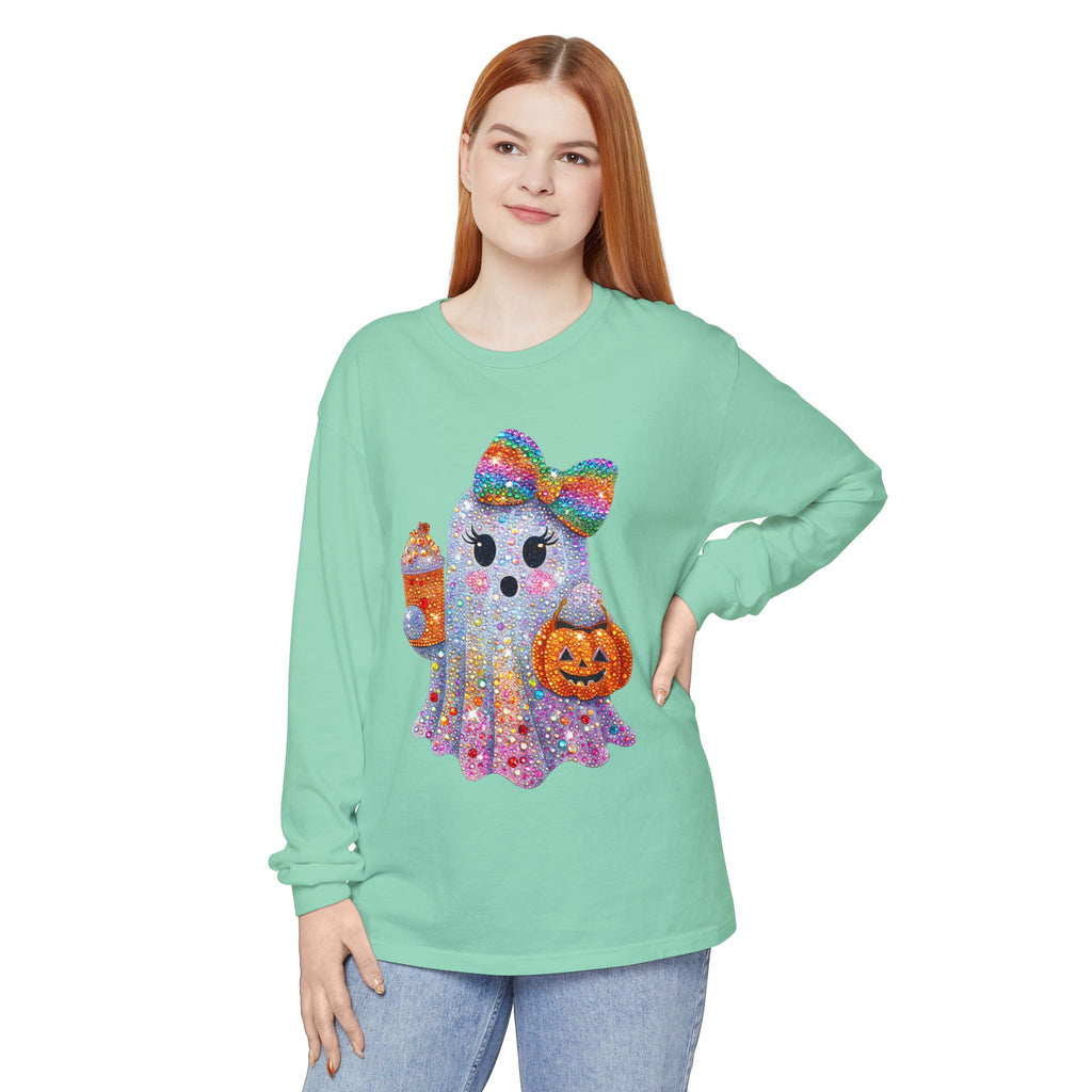 Sparkle Ghost Long Sleeve Tee — Cute Halloween Pumpkin & Candy Design