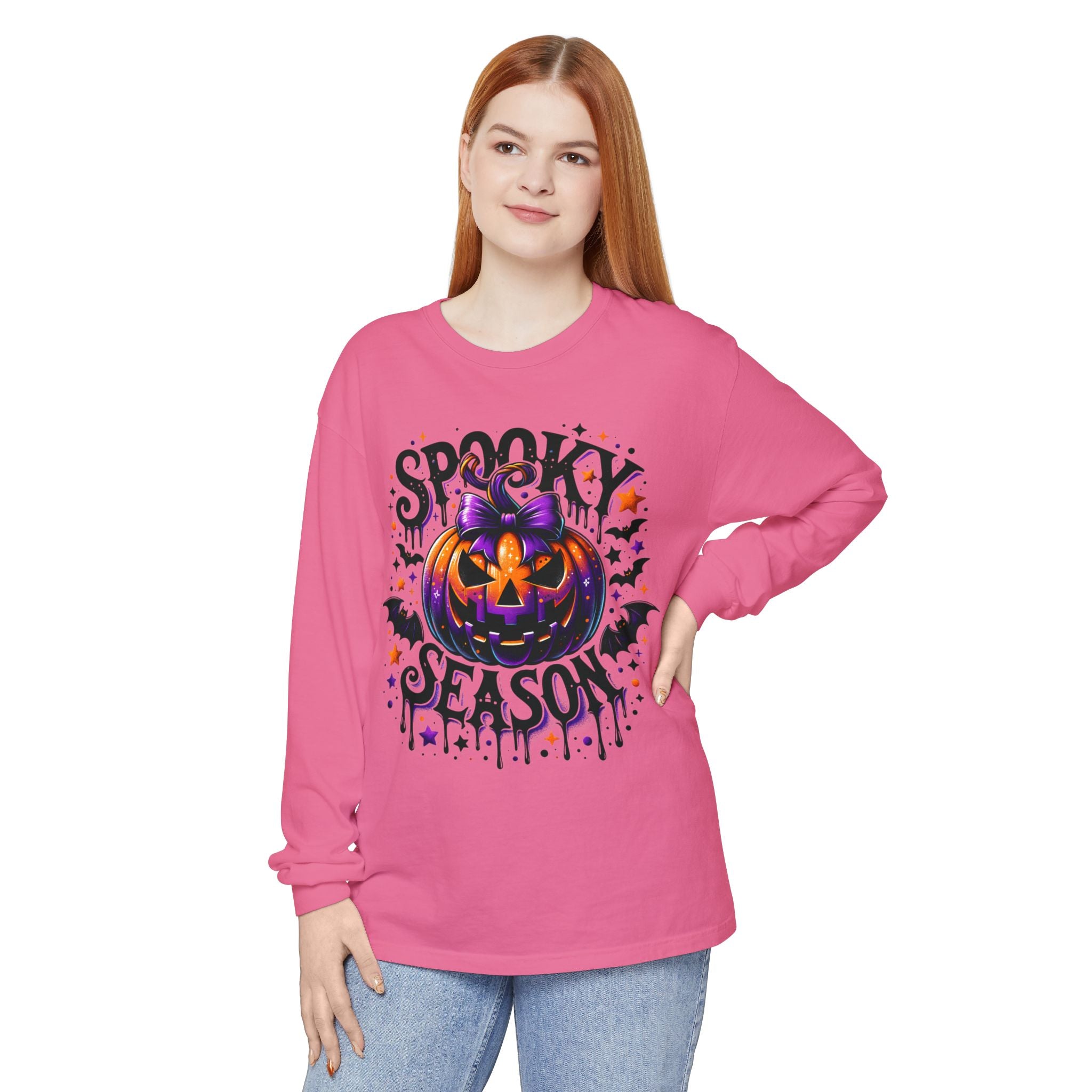 Spooky Season Long Sleeve Tee — Purple Pumpkin Halloween Design